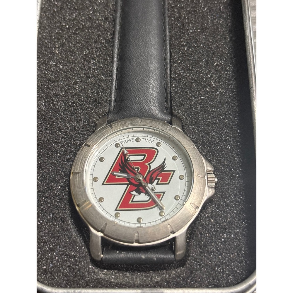 GameTime Men's Boston College Eagles Watch Black‎ Leather Strap Silver Tone